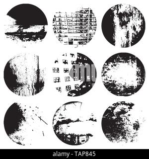 Distressed post Stamp texture set. Circle grunge scratched lable background. Aged bold thin round cover template. Used circular icon, badge, button ba Stock Vector