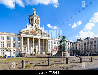 General view of the Place Royale in Brussels, Belgium, with a statue of Godfrey of Bouillon and the Church of Saint-Jacques-sur-Coudenberg. Stock Photo