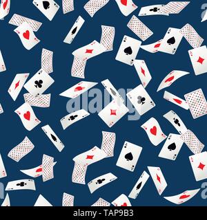 Seamless pattern of playing cards falling in various positions, diamonds spades hearts aces flat vector illustration. Stock Vector