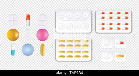 Collection of oval, round and capsule shaped tablets. Medicine and drugs. Realistic medical pills isolated on transparent background. Vector Stock Vector