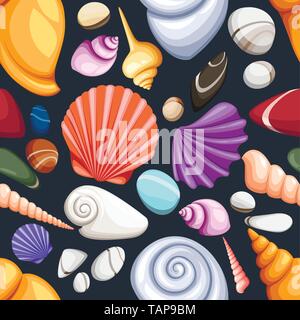 Seamless vector nautical pattern with seashells flat vector illustration on dark blue background. Stock Vector