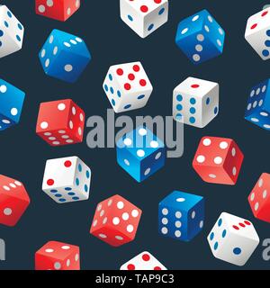 Seamless pattern of playing dice falling in various positions, blue red and white dices flat vector illustration. Stock Vector