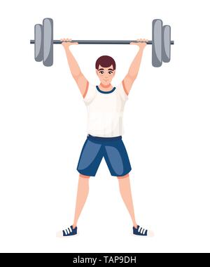 Strong bodybuilder sportsman lifting heavyweight barbell over his head cartoon character design flat vector illustration. Stock Vector