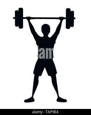 Black silhouette Strong bodybuilder sportsman lifting heavyweight barbell over his head cartoon character design flat vector illustration. Stock Vector