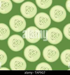 Seamless pattern. Fresh slice of cucumber. Flat vector illustration on green background. Fresh green Vegetable, Vegetarian, vegan Healthy organic food Stock Vector