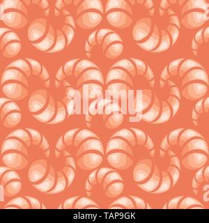 Cooked shrimp seafood without shell boiled shrimp seamless pattern flat vector illustration on red background. Stock Vector
