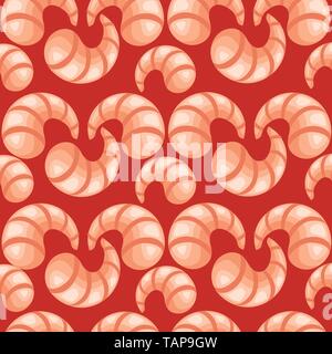Cooked shrimp seafood without shell boiled shrimp seamless pattern flat vector illustration on red background. Stock Vector