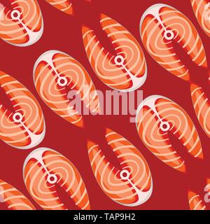 Raw salmon steak seamless pattern red fish flat vector illustration on red background. Stock Vector