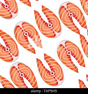 Raw salmon steak seamless pattern red fish flat vector illustration on white background. Stock Vector