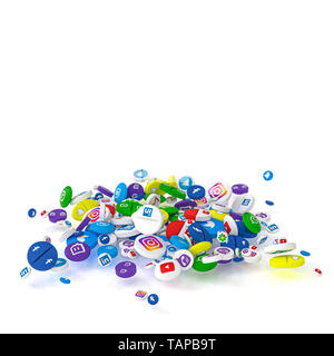 Milan, Italy - May 27, 2019: Pills of various types and sizes bearing the logo of the most famous social networks. 3d image render. Editorial illustra Stock Photo