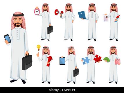 Modern Arab business man, set of nine poses. Successful businessman cartoon character. Handsome young male entrepreneur. Vector illustration Stock Vector