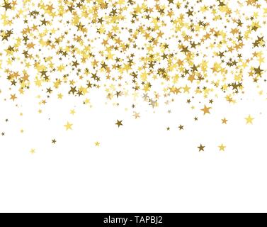 Gold stars falling from sky. Golden confetti, glitter banner in abstract style. Vector pattern on white background Stock Vector
