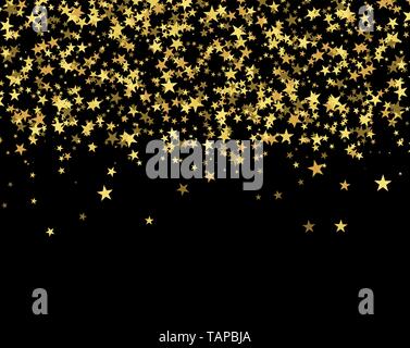Gold stars falling from sky. Golden confetti, glitter banner in abstract style. Vector pattern on black background Stock Vector