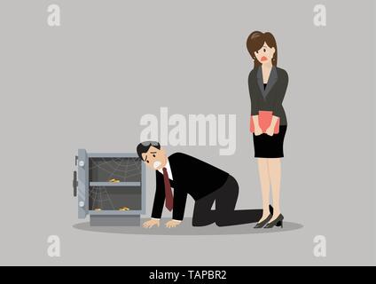 Sad businessman and woman near open door safe empty box. Business concept Stock Vector