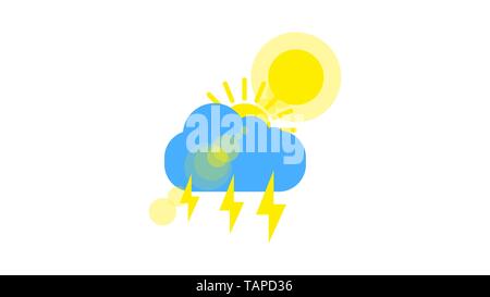 Sunny weather sign icon on white background. Yellow sun and cloud and lightning illustration Stock Vector