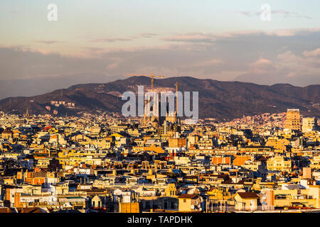 BARCELONA, SPAIN - 12 JANUARY 2018: Panorama of the city of Barcelona at sunset of the day. Stock Photo