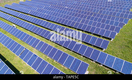 Green Energy Concept Solar Panel Power Farm Aerial Drone Capture Stock Photo