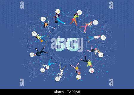 5G network wireless systems technology. Business people walking around a circle in a global network. They work in motion using their mobile devices. V Stock Vector