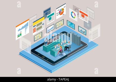 Vector illustration concept. A teamwork in a analytics and management company. The big screens sowing data, Infographics and numbers. Landing page des Stock Vector