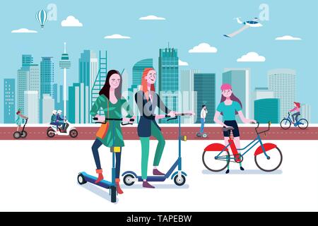 Green transport in a smart city. People riding eco transport vehicles in an smart and modern city. Easy to edit and customize. Vector illustration. Stock Vector