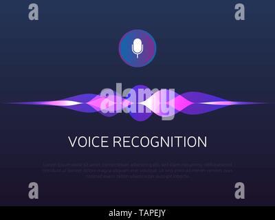 Voice recognition. Sound waves and microphone. Personal assistant and artificial Intelligence. Mic button with gradient soundwaves. Voice imitation Stock Vector