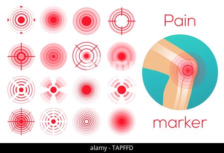 Red circles, pain place symbol, sore localization marks, aching place Stock Vector