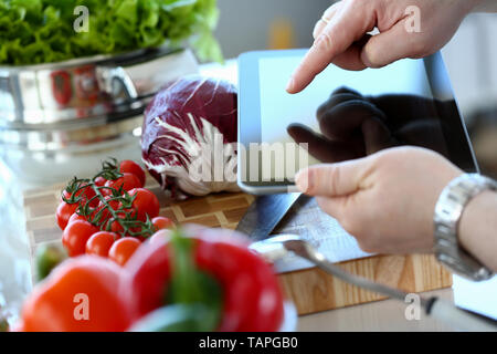 Man Vlogger Pointing Vegan Vegetables Salad Recipe Stock Photo