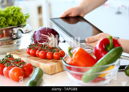 Chef Hands Recording Organic Salad Vegetables Stock Photo