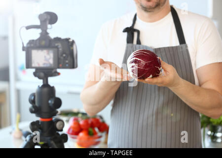 Chef Blogger Recording Cabbage Culinary Recipe Stock Photo