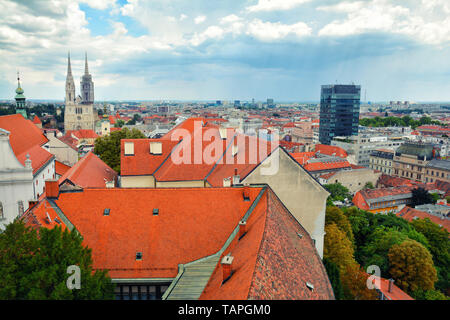 Amazing colorful rooftops and skyline of  Zagreb Old town, Croatia. St. Catherine's Church. Stock Photo