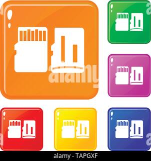 Both sides of SD memory card icons set vector color Stock Vector