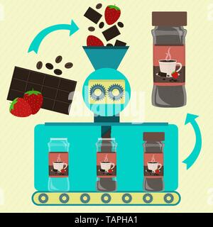 Hot chocolate with strawberry and coffee powder line series production. Factory of canned coffee, chocolate and strawberry powder. Strawberry fruit, c Stock Vector