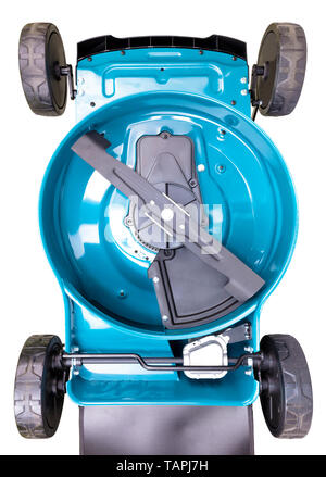 Knives electric lawn mower on wheels turquoise color with bag grass collector isolated on white background, high resolution, bottom view, vertical pla Stock Photo