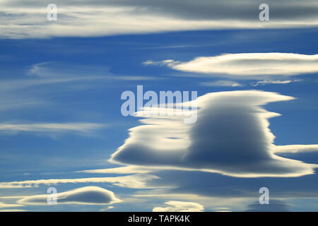 Amazing Lenticular Clouds on the Evening Sky of El Calafate, Patagonia, Argentina, South America Stock Photo