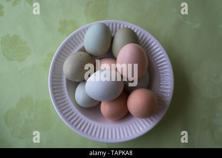 Eggs in a dish on a green cloth Stock Photo