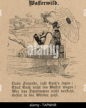 Victorian Cartoon of woman out boating in a rowing boat with parasol, 1880s, German 19th Century Stock Photo