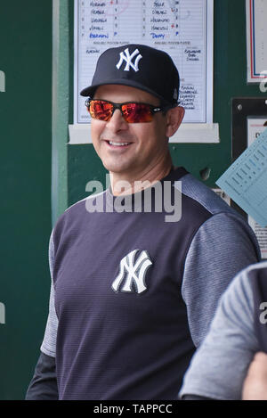 May 26, 2019: New York Yankees manager Aaron Boone during an American League game between the New York Yankees and the Kansas City Royals held at Kaufmann Stadium in Kansas City, MO Richard Ulreich/CSM Stock Photo