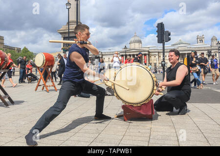 London UK. 27th May 2019. Japanese Taiko Drummers, Taiko Meantime based in Greenwich  perform in Trafalgar Square London Stock Photo