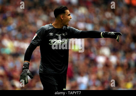 London, UK. 27th May, 2019. Kelle Roos, the goalkeeper of Derby County in action. EFL Skybet championship play off final, Aston Villa v Derby county at Wembley Stadium in London on Monday 27th May 2019. this image may only be used for Editorial purposes. Editorial use only, license required for commercial use. No use in betting, games or a single club/league/player publications . pic by Steffan Bowen/Andrew Orchard sports photography/Alamy Live news Credit: Andrew Orchard sports photography/Alamy Live News Stock Photo