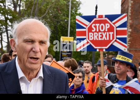London, UK. 27th May 2019. Vince Cable was joined by activists and the three new MEPs for London to celebrate the best ever European Election result in the Party's History.  Pictured : Vince Cable with SODEM's Steve Bray in the backround. Lambeth Palace Road, London Credit: michael melia/Alamy Live News Stock Photo