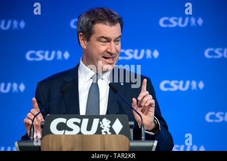 Munich, Germany. 27th May, 2019. Markus Söder (CSU), Prime Minister of Bavaria, speaks at a press conference on the European elections. Citizens of 28 EU countries have elected a new parliament. Credit: Sina Schuldt/dpa/Alamy Live News Stock Photo