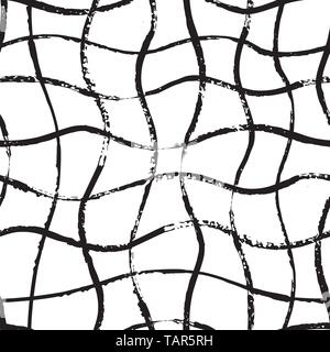 Wave grid Brush hand draw seamless pattern. Abstract lines background with wavy brush strokes. Black and white endless texture. Stock Vector