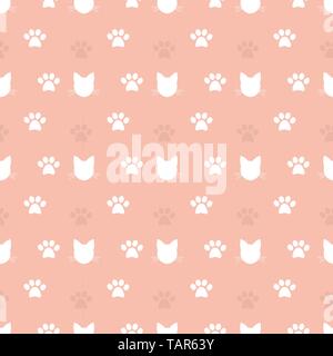 Cat heads and paw prints pink seamless pattern. Vector illustration Stock Vector