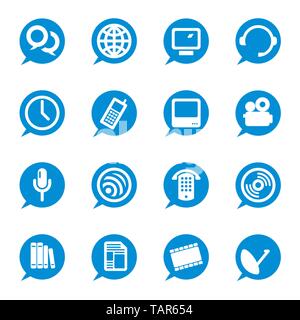Vector illustration set of 16 communication icons in blue. Stock Vector