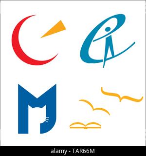 Vector illustration of four logos satellite, education, cat books Stock Vector