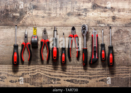 Building tools repair set on wooden table. Stock Photo