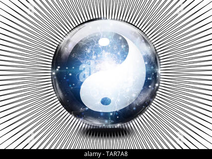 Yin Yang symbol is contained inside of glass sphere. 3D rendering Stock Photo