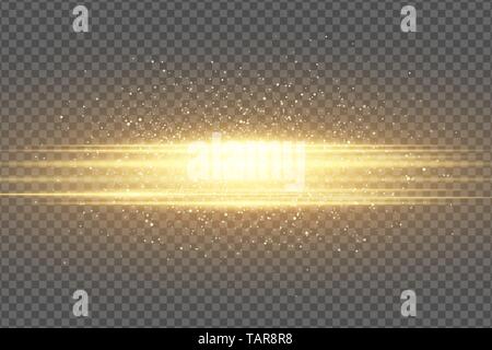 Abstract stylish light effect on a transparent background. Golden flash. Luminous flying dust. Chaotic glowing neon gold stripes. Shimmering particles Stock Vector