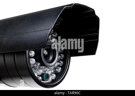 CCTV security camera video equipment. Surveillance monitoring. Video camera lens closeup. Macro shot. Security concept. Security camera isolated on wh Stock Photo