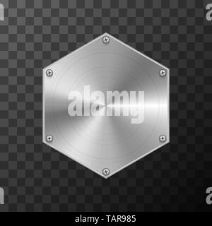 Glossy metal industrial plate in hexagon shape on transparent background Stock Vector